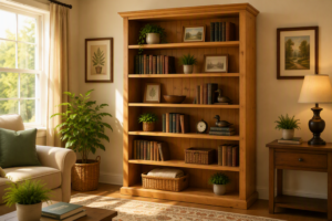 wooden bookcase with open shelves